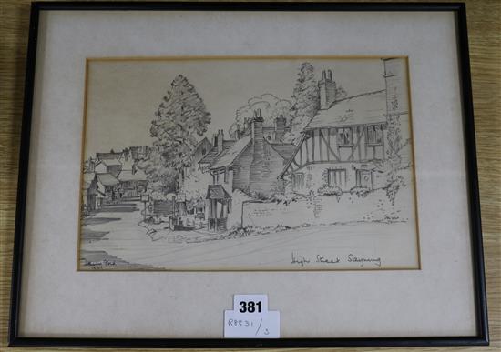 Henry Ford, pencil drawing, High Street, Steyning, signed and dated 1971, 21 x 32cm